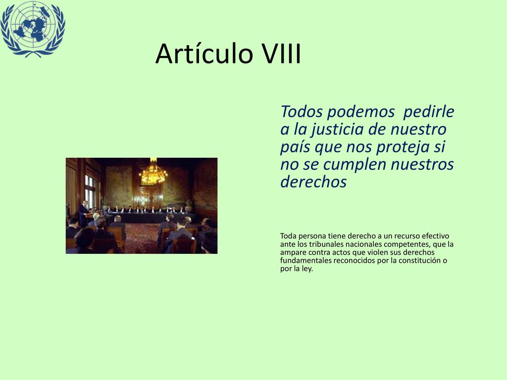 Artículo VIII Todos podemos pedirle a la justicia de nuestro país que nos proteja si no se cumplen nuestros derechos.