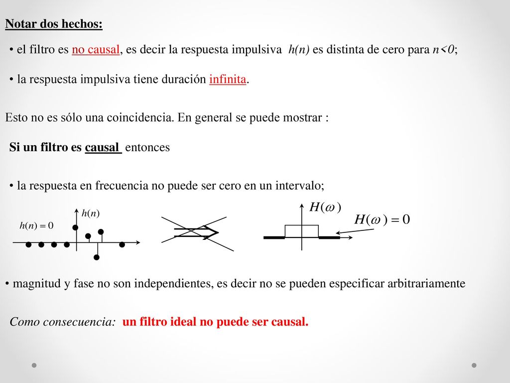 Notar dos hechos: el filtro es no causal, es decir la respuesta impulsiva h(n) es distinta de cero para n<0;