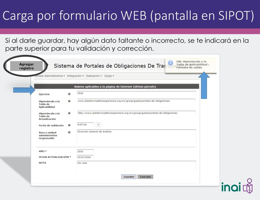 Carga por formulario WEB (pantalla en SIPOT)