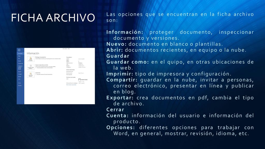 FICHA ARCHIVO Las opciones que se encuentran en la ficha archivo son: