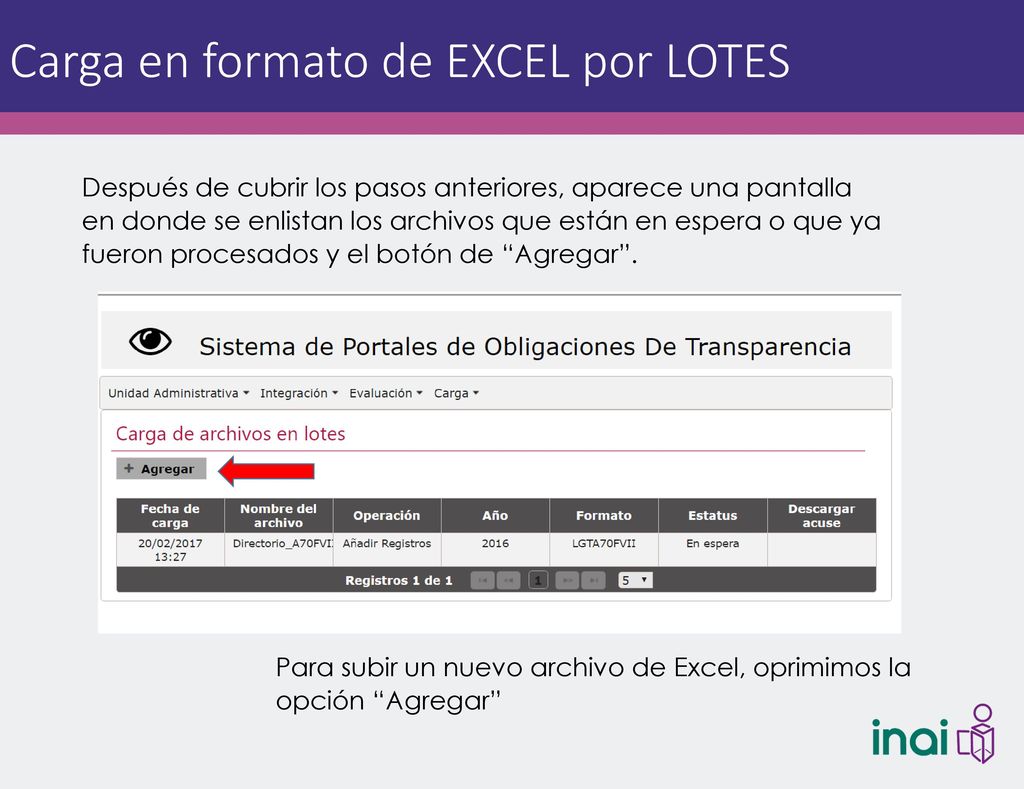Carga en formato de EXCEL por LOTES