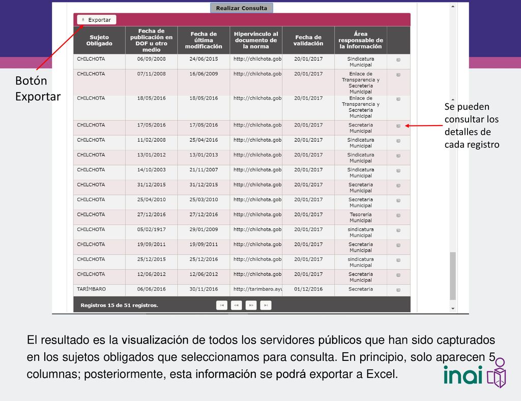 Botón Exportar. Se pueden consultar los detalles de cada registro.
