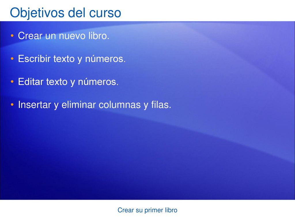Objetivos del curso Crear un nuevo libro. Escribir texto y números.