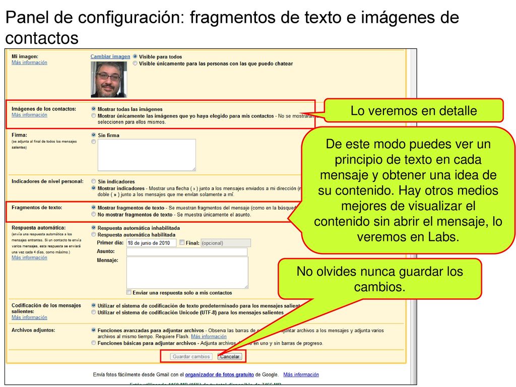 Panel de configuración: fragmentos de texto e imágenes de contactos