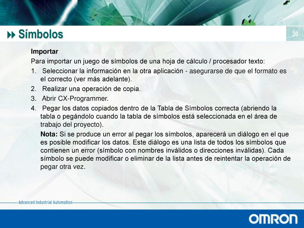 Símbolos Importar. Para importar un juego de símbolos de una hoja de cálculo / procesador texto:
