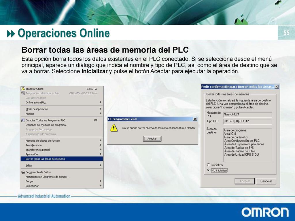 Operaciones Online Borrar todas las áreas de memoria del PLC