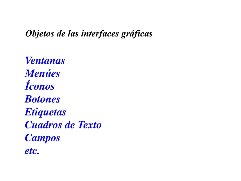 Ventanas Menúes Íconos Botones Etiquetas Cuadros de Texto Campos etc.