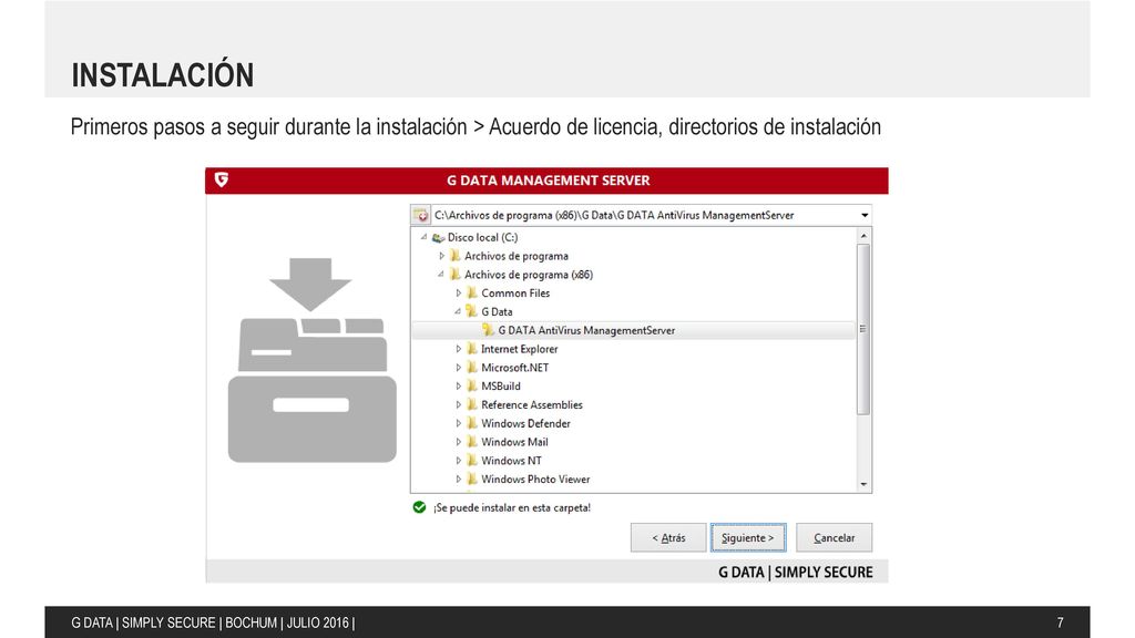 INSTALACIÓN Primeros pasos a seguir durante la instalación > Acuerdo de licencia, directorios de instalación.