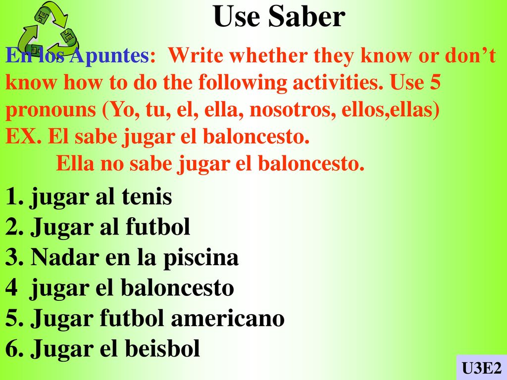 Use Saber 1. jugar al tenis 2. Jugar al futbol 3. Nadar en la piscina
