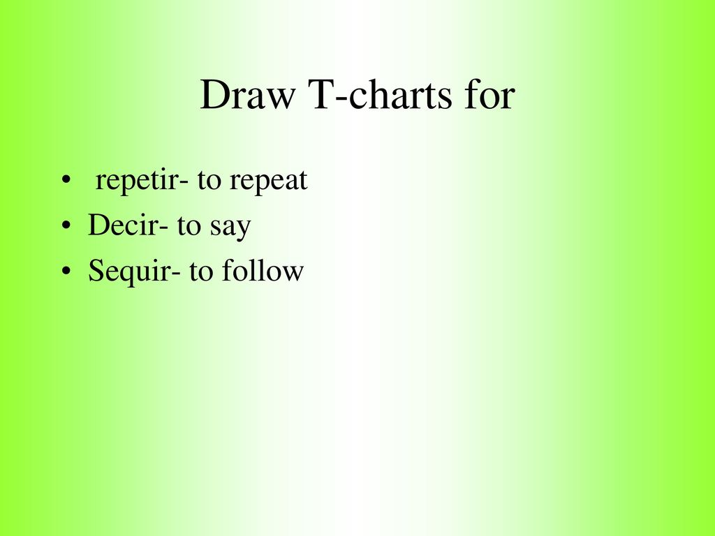 Draw T-charts for repetir- to repeat Decir- to say Sequir- to follow