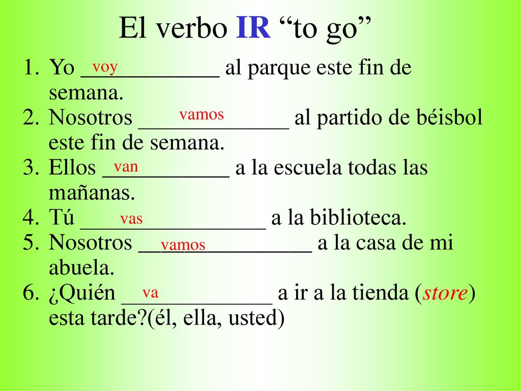 El verbo IR to go Yo ____________ al parque este fin de semana.