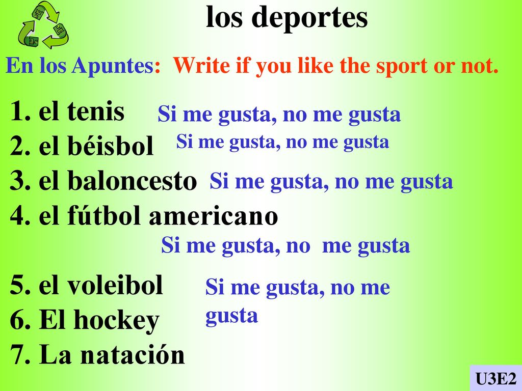 los deportes 1. el tenis 2. el béisbol 3. el baloncesto