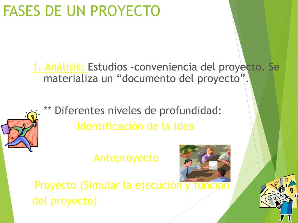 FASES DE UN PROYECTO 1. Análisis: Estudios -conveniencia del proyecto. Se materializa un documento del proyecto .