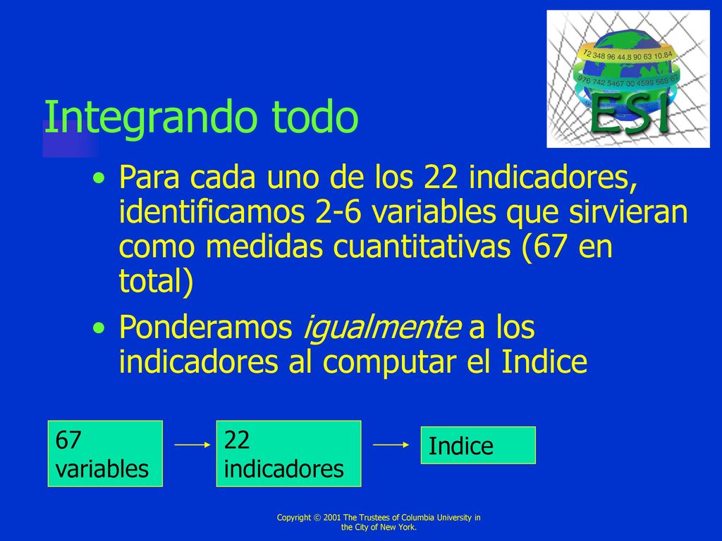Integrando todo Para cada uno de los 22 indicadores, identificamos 2-6 variables que sirvieran como medidas cuantitativas (67 en total)