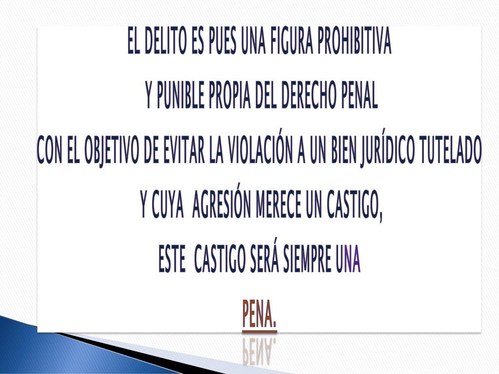 El delito es pues una figura prohibitiva y punible propia del Derecho Penal Con el objetivo de evitar la violación a un bien jurídico tutelado y cuya agresión merece un castigo, este castigo será siempre una pena.