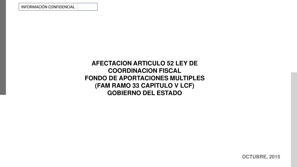 AFECTACION ARTICULO 52 LEY DE COORDINACION FISCAL FONDO DE APORTACIONES MULTIPLES (FAM RAMO 33 CAPITULO V LCF) GOBIERNO DEL ESTADO