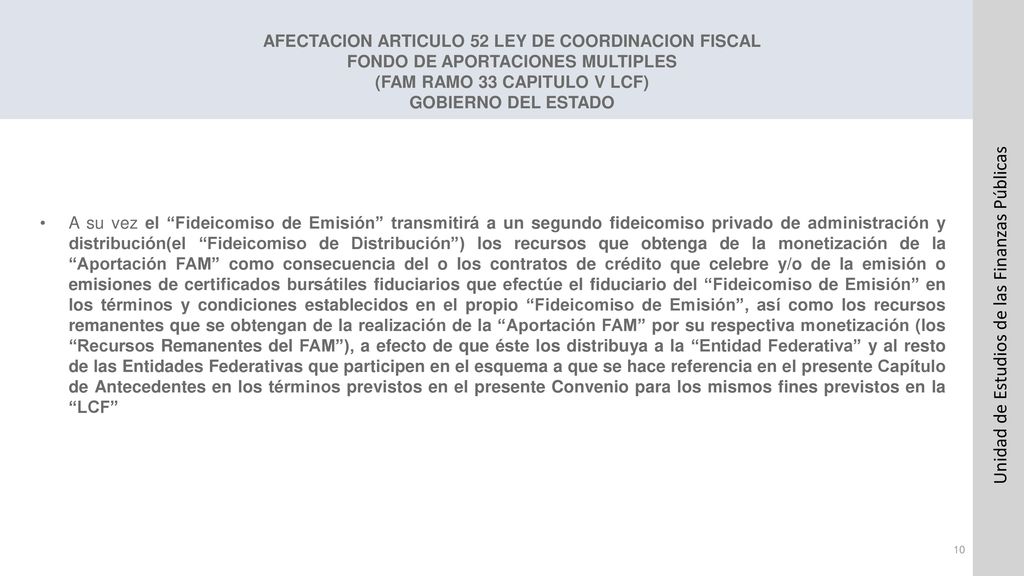 AFECTACION ARTICULO 52 LEY DE COORDINACION FISCAL FONDO DE APORTACIONES MULTIPLES (FAM RAMO 33 CAPITULO V LCF) GOBIERNO DEL ESTADO