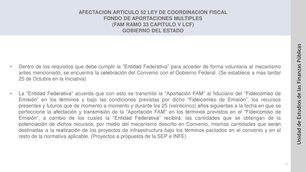 AFECTACION ARTICULO 52 LEY DE COORDINACION FISCAL FONDO DE APORTACIONES MULTIPLES (FAM RAMO 33 CAPITULO V LCF) GOBIERNO DEL ESTADO