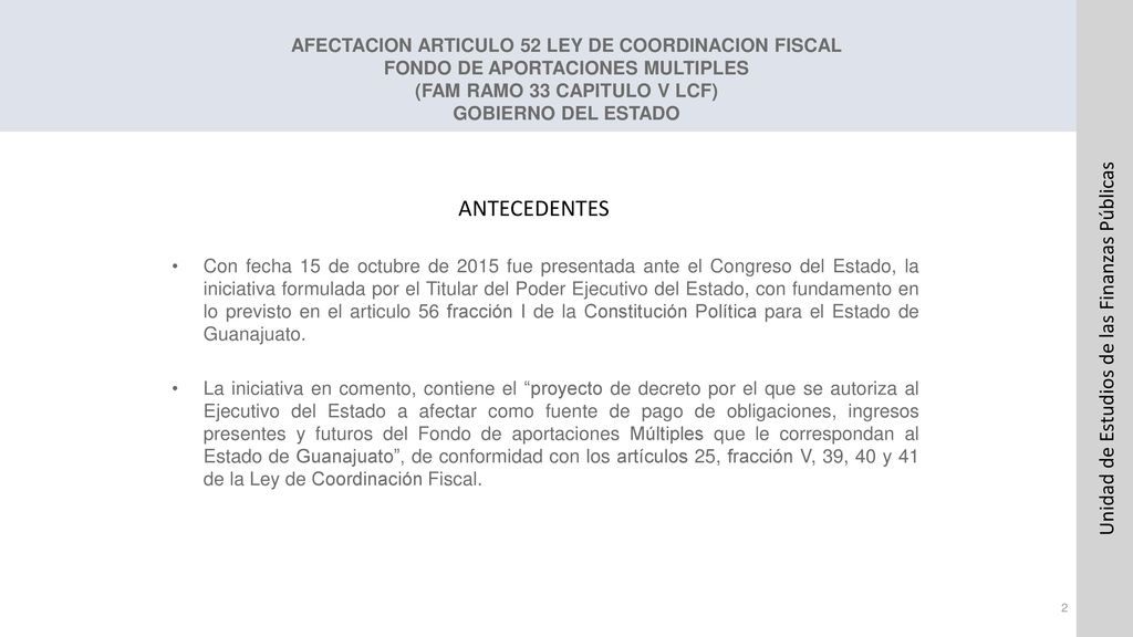 AFECTACION ARTICULO 52 LEY DE COORDINACION FISCAL FONDO DE APORTACIONES MULTIPLES (FAM RAMO 33 CAPITULO V LCF) GOBIERNO DEL ESTADO