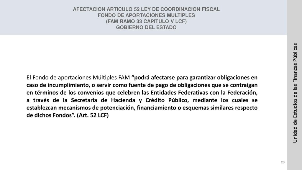 AFECTACION ARTICULO 52 LEY DE COORDINACION FISCAL FONDO DE APORTACIONES MULTIPLES (FAM RAMO 33 CAPITULO V LCF) GOBIERNO DEL ESTADO