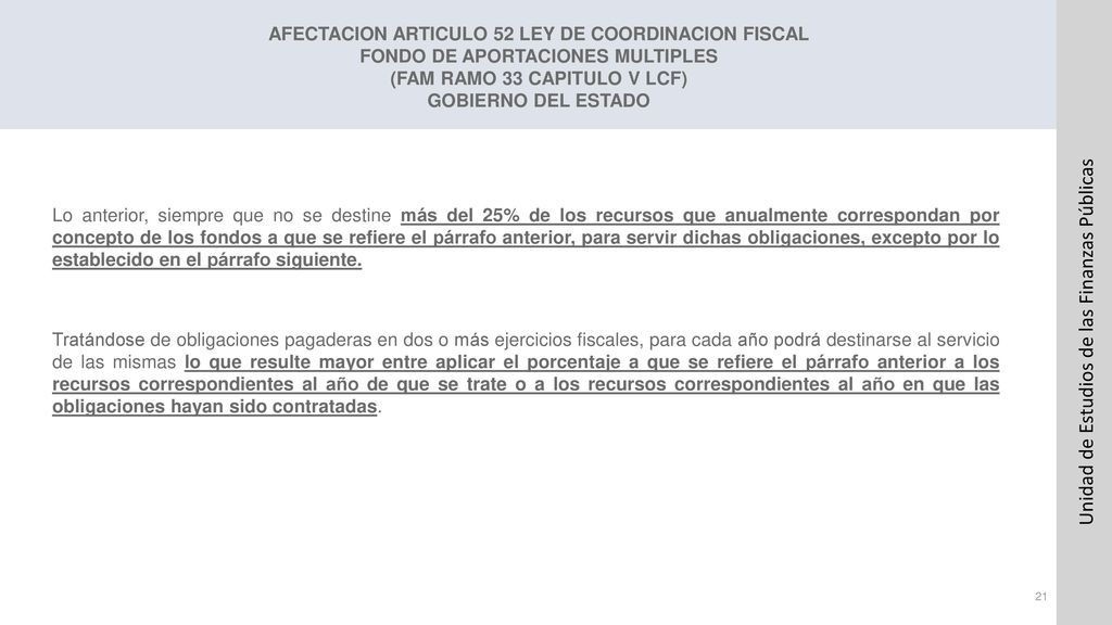 AFECTACION ARTICULO 52 LEY DE COORDINACION FISCAL FONDO DE APORTACIONES MULTIPLES (FAM RAMO 33 CAPITULO V LCF) GOBIERNO DEL ESTADO