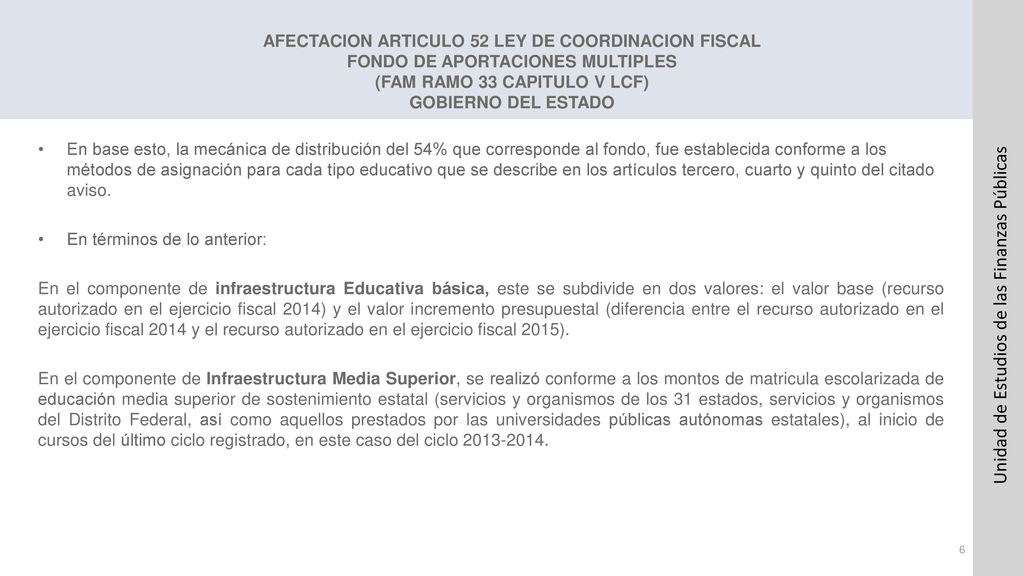 AFECTACION ARTICULO 52 LEY DE COORDINACION FISCAL FONDO DE APORTACIONES MULTIPLES (FAM RAMO 33 CAPITULO V LCF) GOBIERNO DEL ESTADO