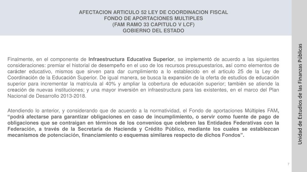 AFECTACION ARTICULO 52 LEY DE COORDINACION FISCAL FONDO DE APORTACIONES MULTIPLES (FAM RAMO 33 CAPITULO V LCF) GOBIERNO DEL ESTADO