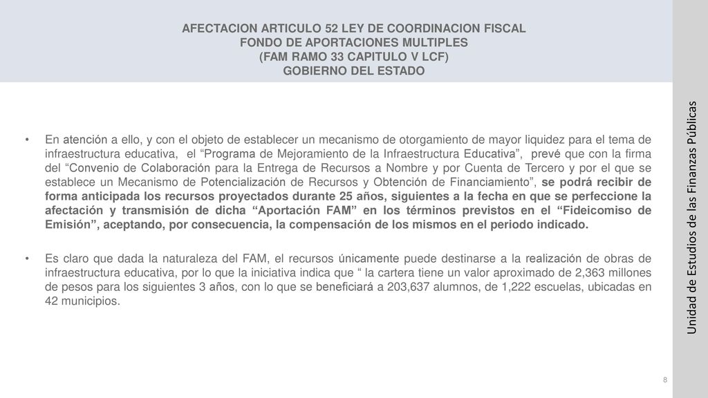 AFECTACION ARTICULO 52 LEY DE COORDINACION FISCAL FONDO DE APORTACIONES MULTIPLES (FAM RAMO 33 CAPITULO V LCF) GOBIERNO DEL ESTADO
