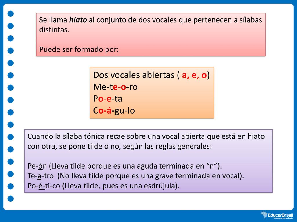 Dos vocales abiertas ( a, e, o) Me-te-o-ro Po-e-ta Co-á-gu-lo