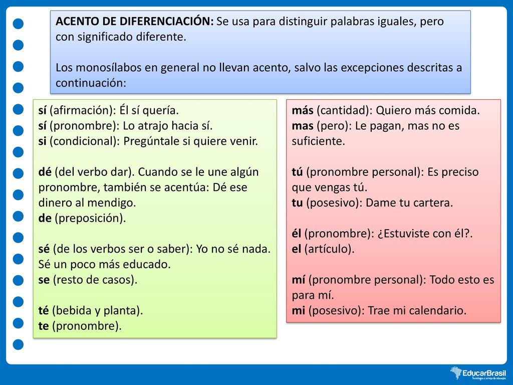 ACENTO DE DIFERENCIACIÓN: Se usa para distinguir palabras iguales, pero con significado diferente.
