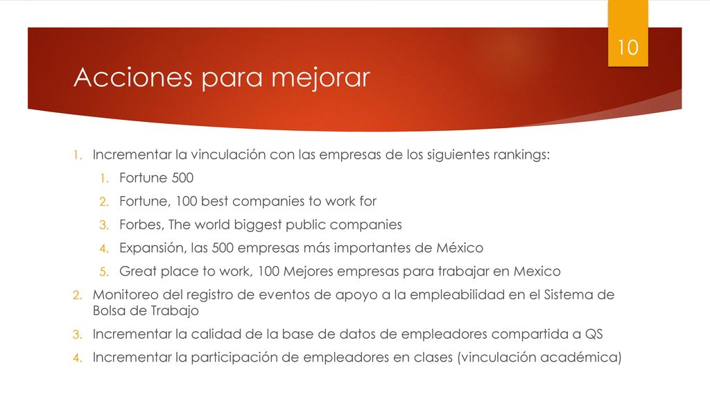 Acciones para mejorar Incrementar la vinculación con las empresas de los siguientes rankings: Fortune 500.
