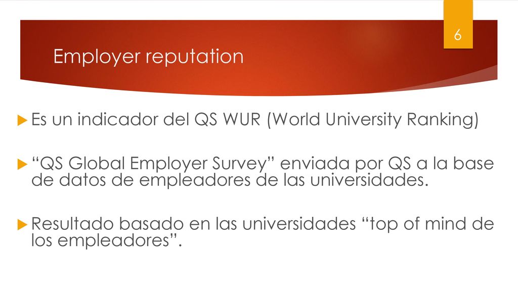 Employer reputation Es un indicador del QS WUR (World University Ranking)