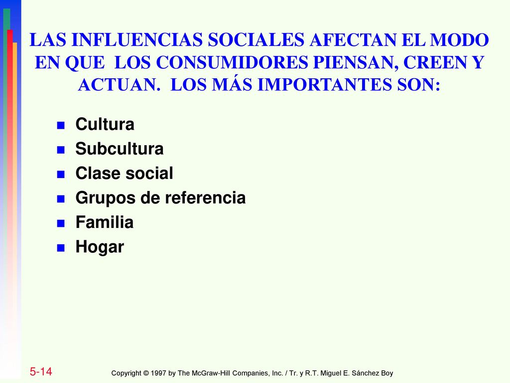 LAS INFLUENCIAS SOCIALES AFECTAN EL MODO EN QUE LOS CONSUMIDORES PIENSAN, CREEN Y ACTUAN. LOS MÁS IMPORTANTES SON: