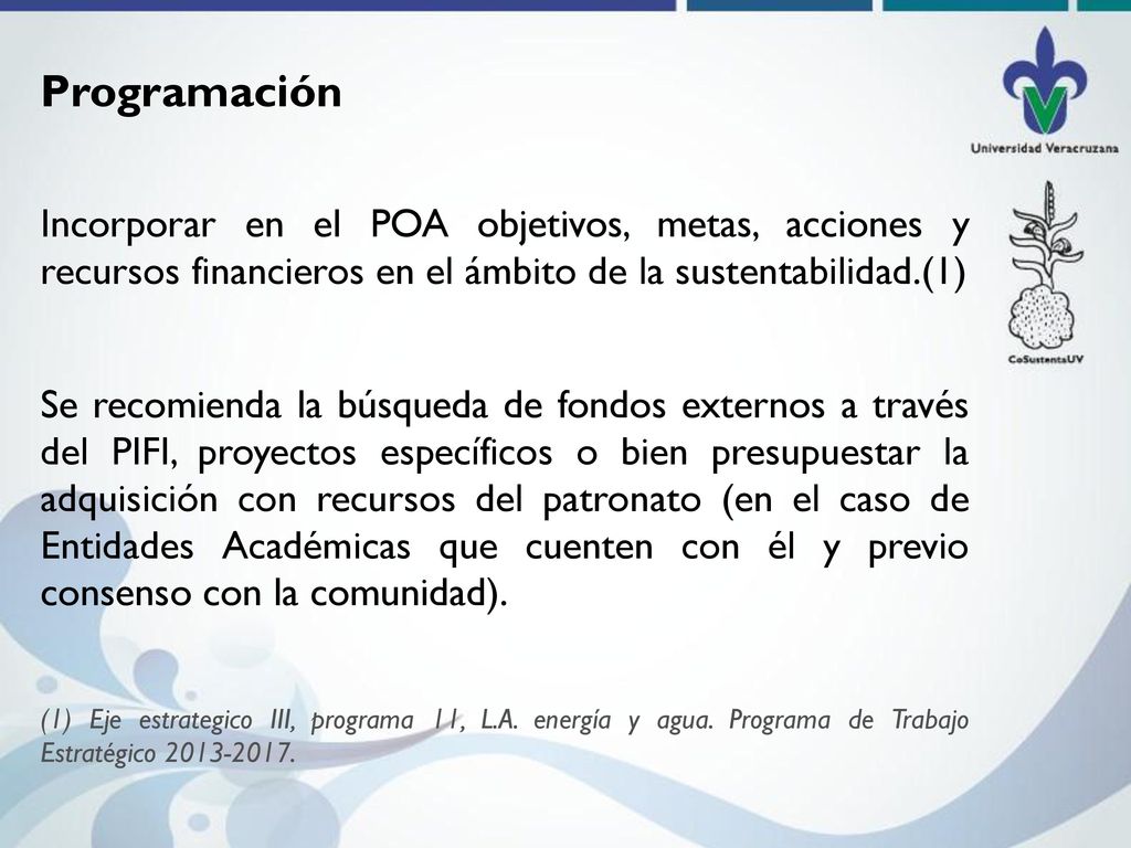 Programación Incorporar en el POA objetivos, metas, acciones y recursos financieros en el ámbito de la sustentabilidad.(1)