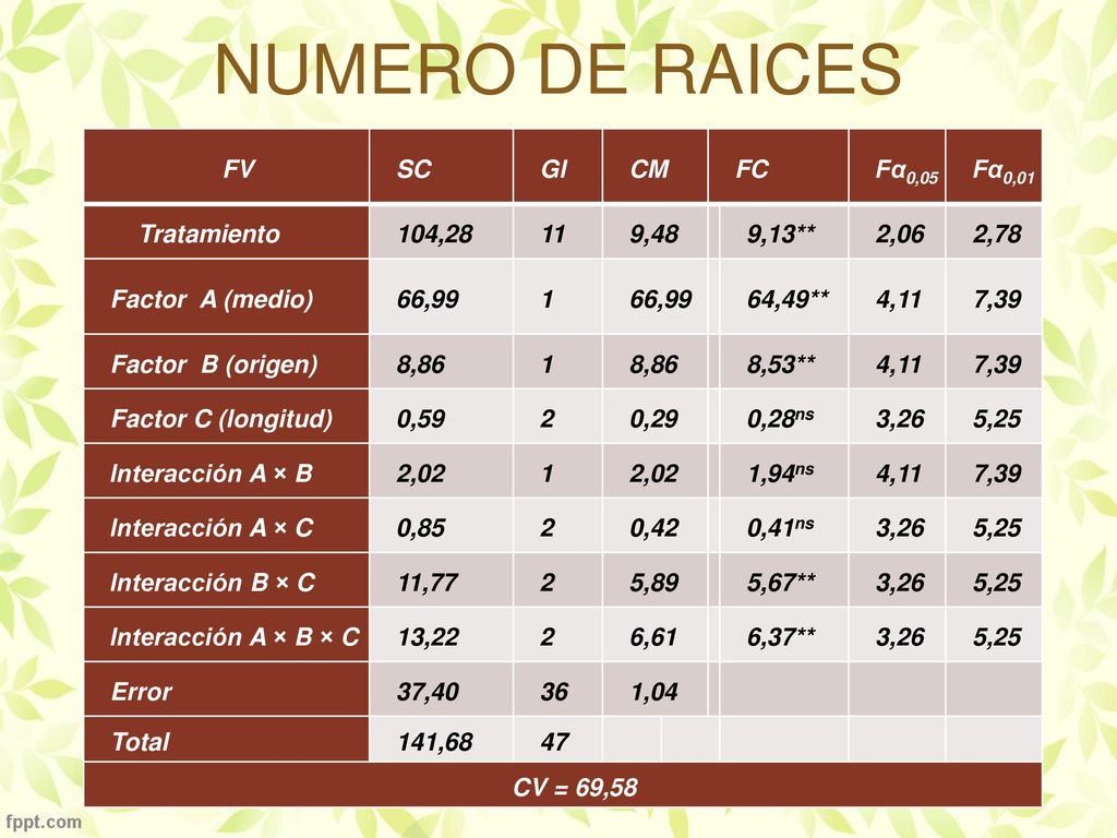 NUMERO DE RAICES FV SC Gl CM FC Fα0,05 Fα0,01 Tratamiento 104,28 11