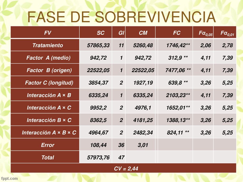 FASE DE SOBREVIVENCIA FV SC Gl CM FC Fα0,05 Fα0,01 Tratamiento