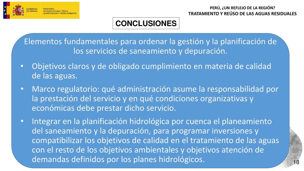 CONCLUSIONES Elementos fundamentales para ordenar la gestión y la planificación de los servicios de saneamiento y depuración.