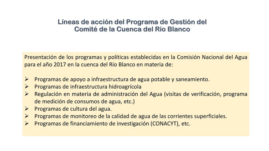 Líneas de acción del Programa de Gestión del Comité de la Cuenca del Río Blanco