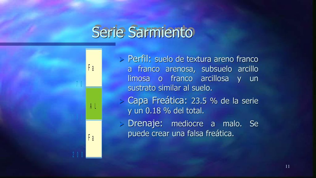 Serie Sarmiento Perfil: suelo de textura areno franco a franco arenosa, subsuelo arcillo limosa o franco arcillosa y un sustrato similar al suelo.