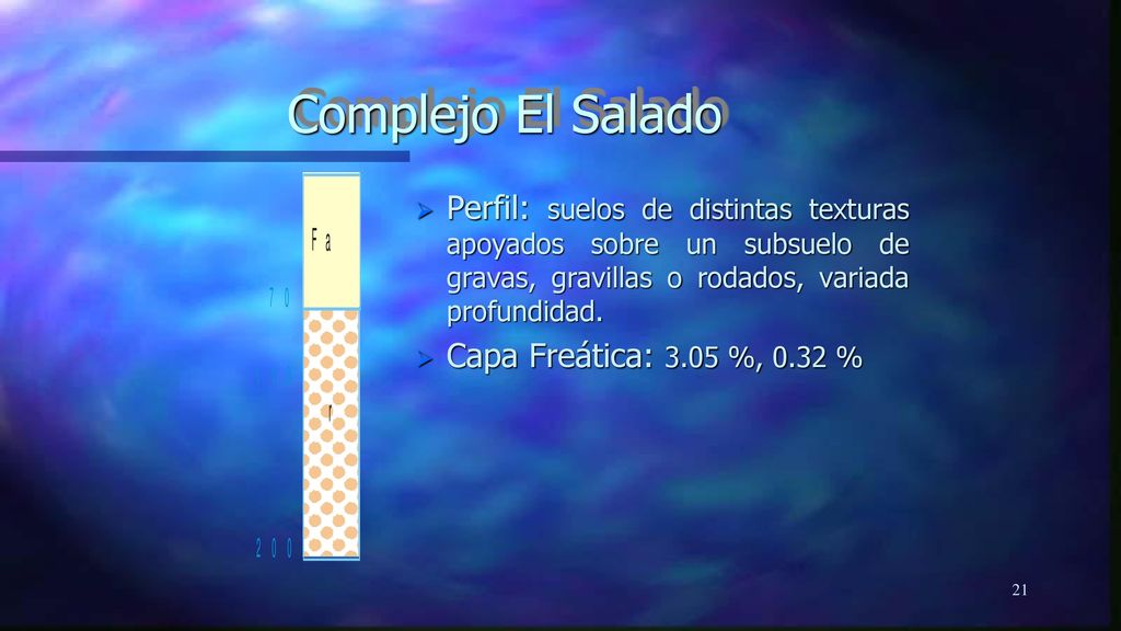 Complejo El Salado Perfil: suelos de distintas texturas apoyados sobre un subsuelo de gravas, gravillas o rodados, variada profundidad.