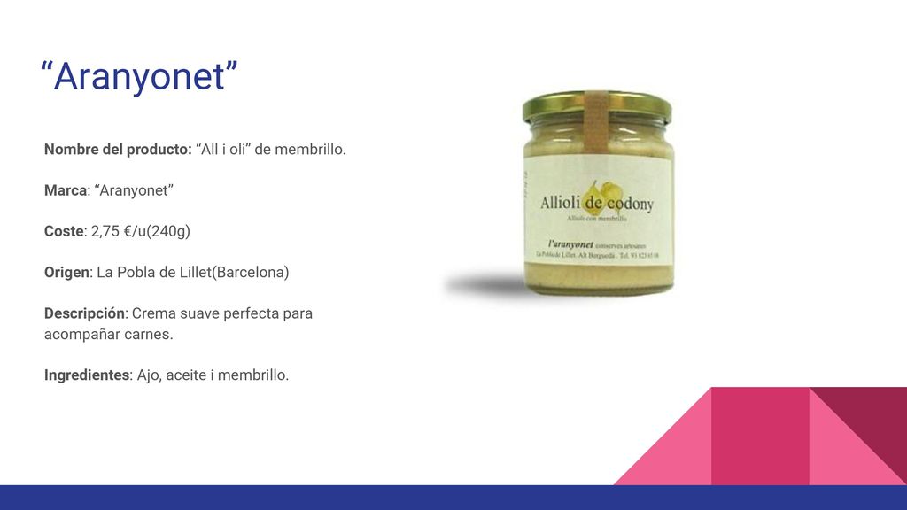 Aranyonet Nombre del producto: All i oli de membrillo.