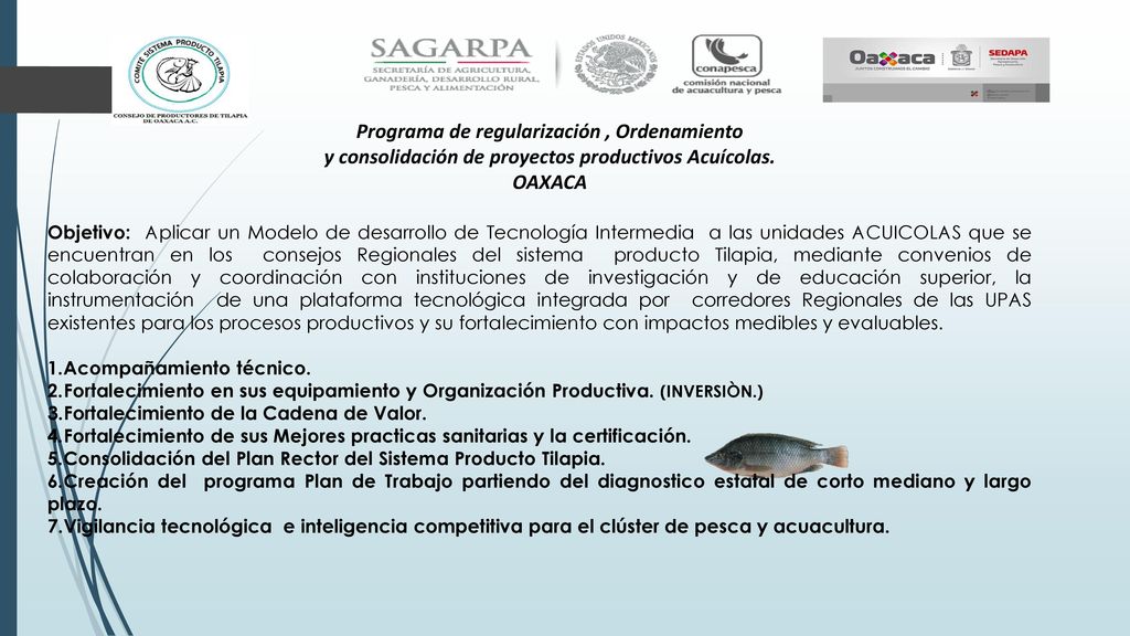Programa de regularización , Ordenamiento y consolidación de proyectos productivos Acuícolas. OAXACA