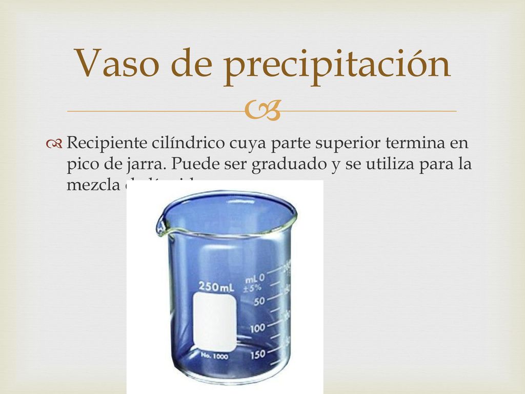 Vaso de precipitación Recipiente cilíndrico cuya parte superior termina en pico de jarra.