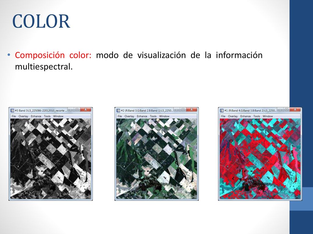 COLOR Composición color: modo de visualización de la información multiespectral.