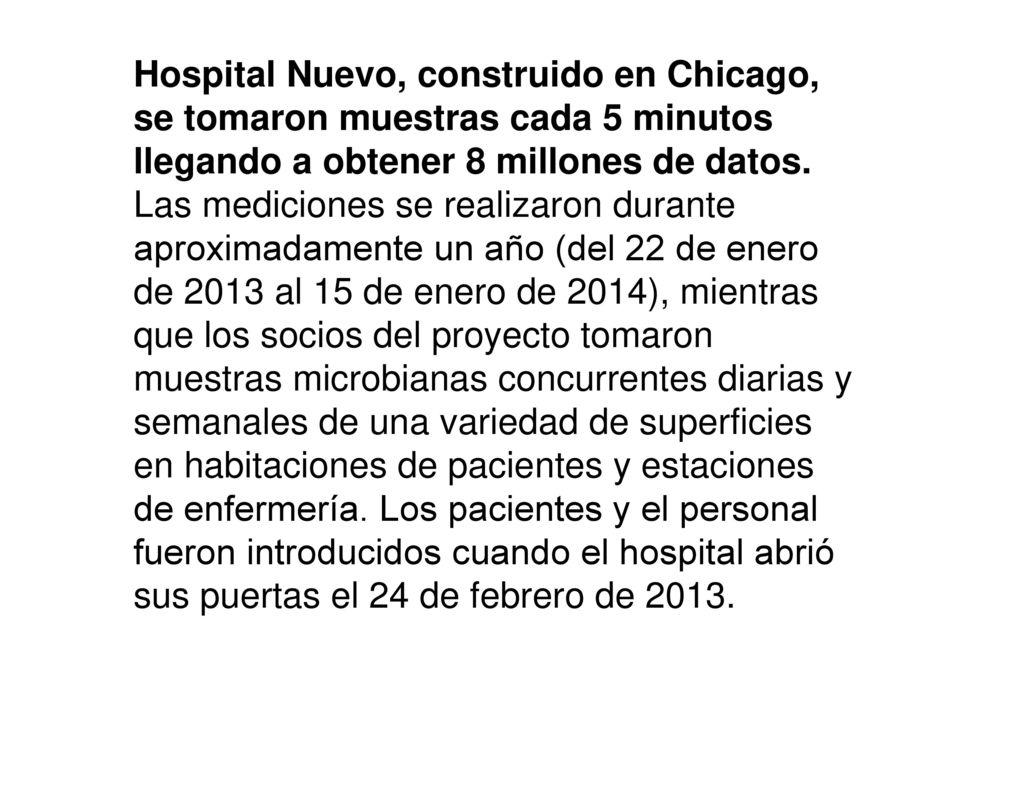 Hospital Nuevo, construido en Chicago, se tomaron muestras cada 5 minutos llegando a obtener 8 millones de datos.