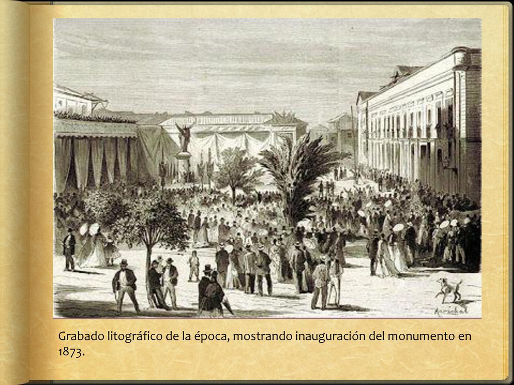 Grabado litográfico de la época, mostrando inauguración del monumento en 1873.