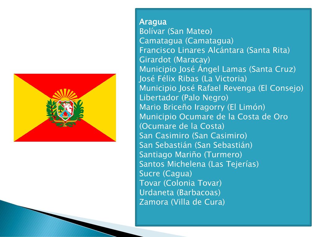 Aragua Bolívar (San Mateo) Camatagua (Camatagua) Francisco Linares Alcántara (Santa Rita) Girardot (Maracay)