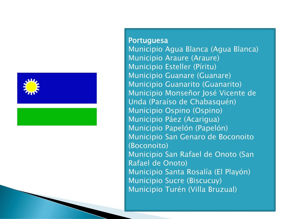 Portuguesa Municipio Agua Blanca (Agua Blanca) Municipio Araure (Araure) Municipio Esteller (Píritu)