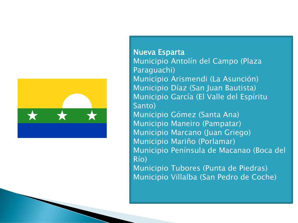 Nueva Esparta Municipio Antolín del Campo (Plaza Paraguachi) Municipio Arismendi (La Asunción) Municipio Díaz (San Juan Bautista)