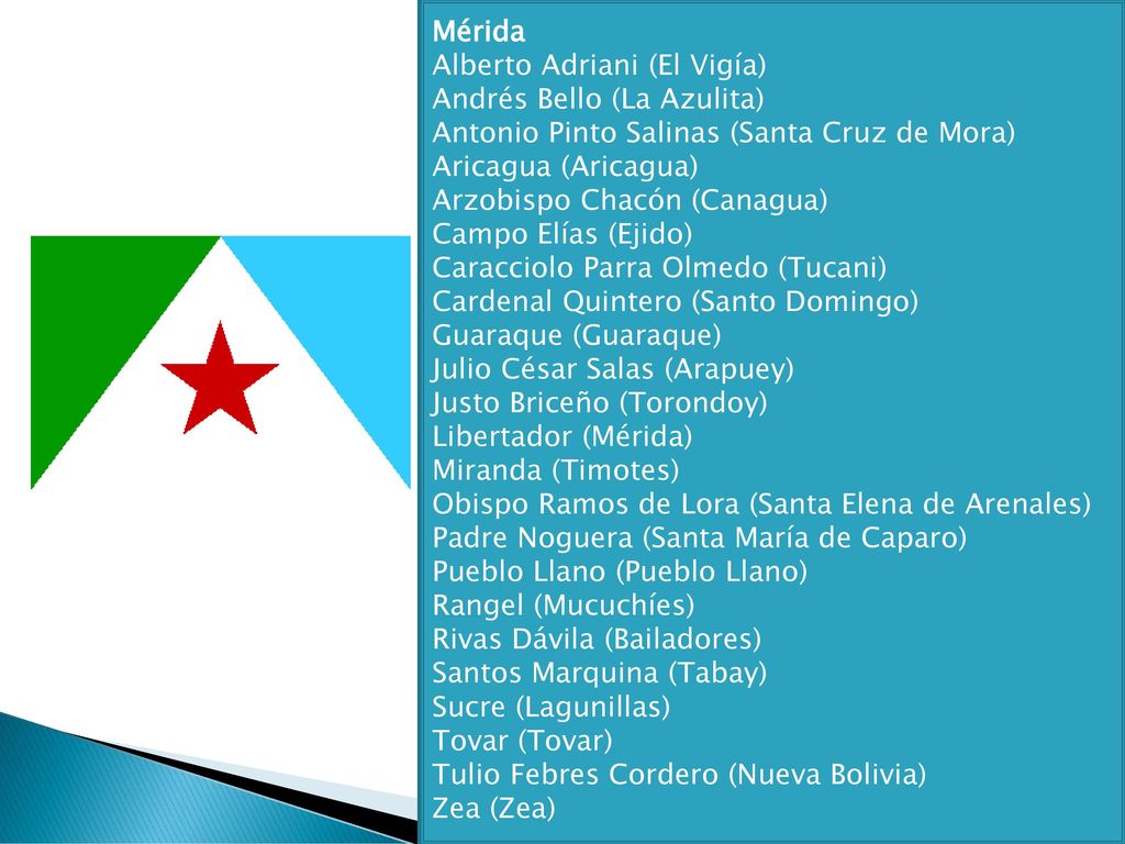 Mérida Alberto Adriani (El Vigía) Andrés Bello (La Azulita) Antonio Pinto Salinas (Santa Cruz de Mora)